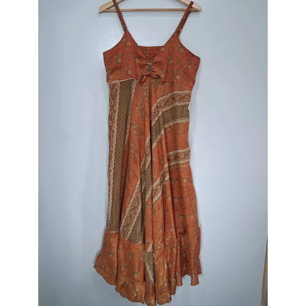 India Boutique Boho Floral Paisley Handkerchief Hem Smocked Midi Dress Orange